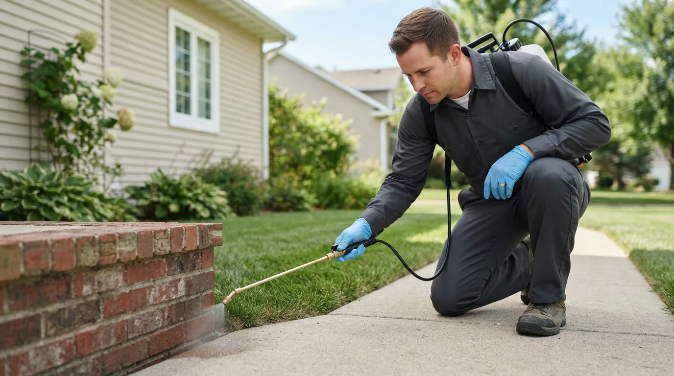 Pest control technician treating a home near Pillager, MN
