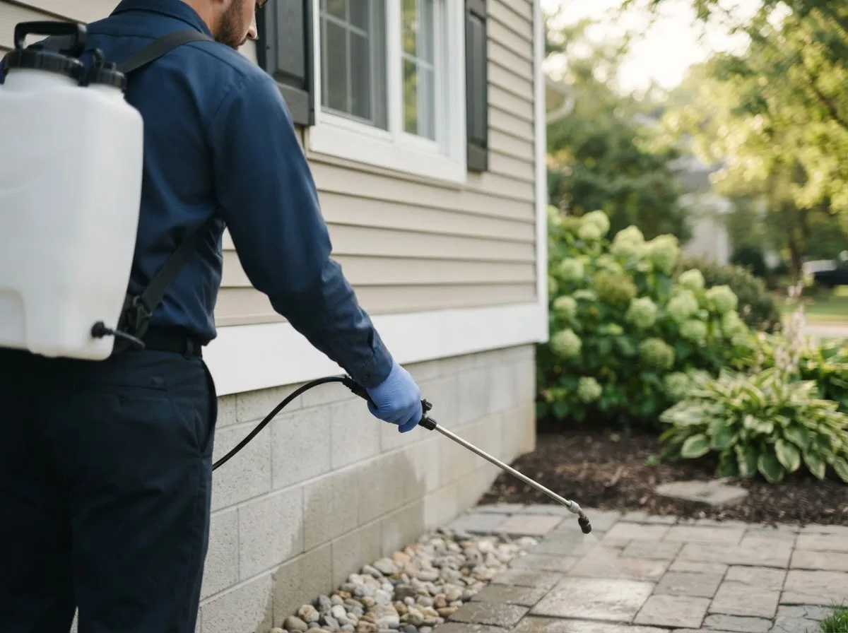Pest control technician inspecting a home in Pillager, MN